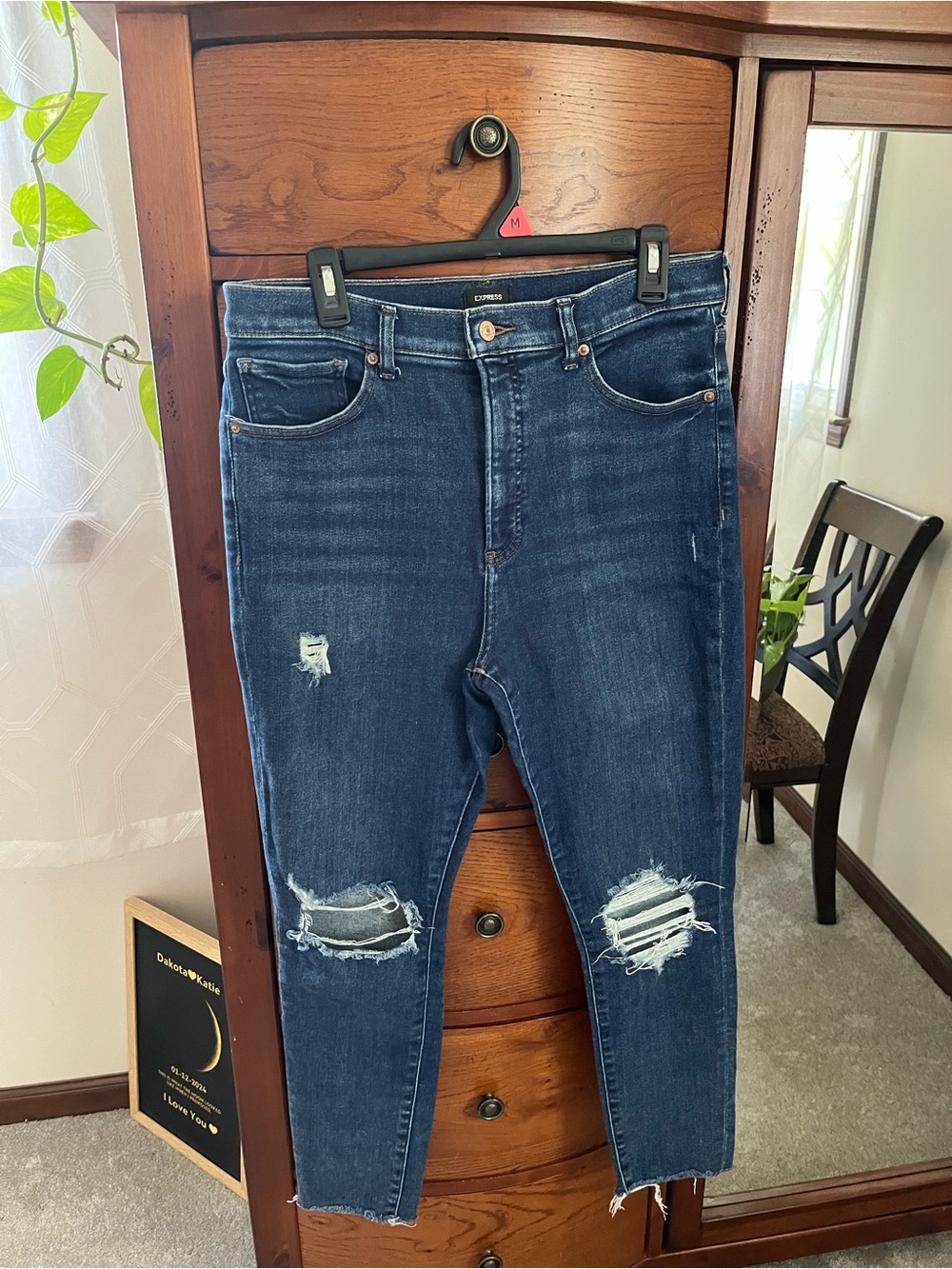 Express Dark Blue Skinny Jeans with Distressed Knees